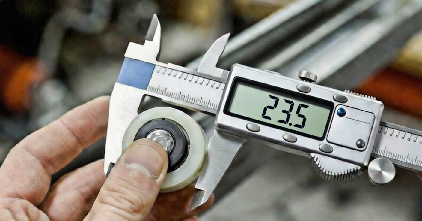 nylon wheel dimension verified with digital caliper on sliding door roller